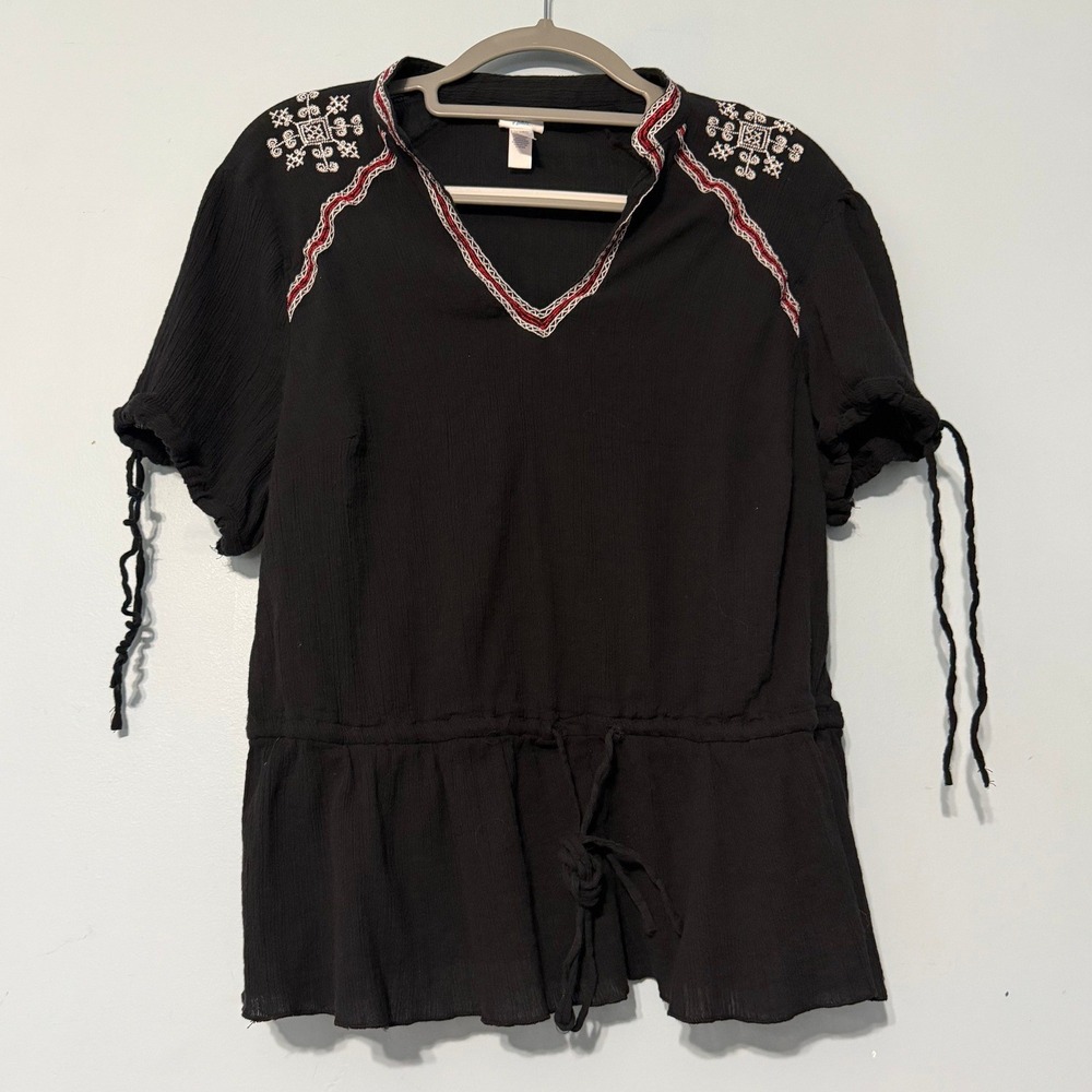 Piper & Blue 2X Embroidered Peasant Top Black Cotton Gauze Peplum Blouse 2149